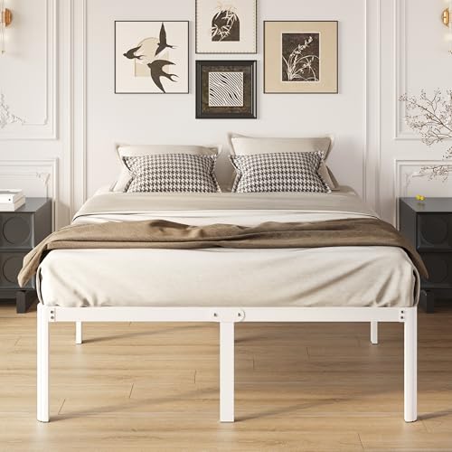 Yicensen Base Cama Queen de 46 cm de Altura, Metal Base Queen Size con Patas Redondeadas de Esquina, Plataforma Resistente Cama Muy Resistente Fácil Montaje, Sin Ruido, No Necesita Somier, Blanco