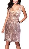SUJAN Women's Sequins Midi Dress V Neck Ruched Pleated Bodice Cocktail Bodycon