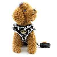 SMALLLEE_LUCKY_STORE Polka Dot Small Dog Cat Harness Vest with Ruffles,Soft Mesh Harness and Leash Set for Girls No Pulling Adjustable Black M