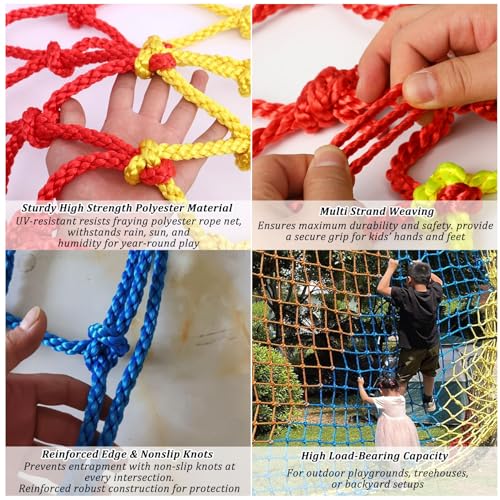 Climbing Net for Children Polyester Rope Ladde Protective Net for Playground, Anti-Fall, Obstacle Course, Swings, Tree House (Size: 152 x 304 cm (5 x 10 ft), Colour: Red/Yellow)