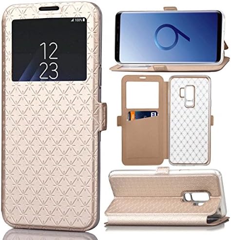 Galaxy S9+ Plus Case, ArtMine Grid Pattern Flip Leather Window View Design Slim Fit Case Cover for Samsung Galaxy S9+ Plus 6.2-inch, Gold