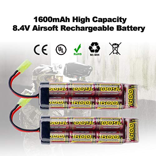 melasta 8.4V 2-Pack Airsoft Battery Flat Pack Batteries NiMH 1600mAh with Mini Tamiya Connector for Air Gun MP5 M60 Scar M249 M240B G36 M14 RPK PKM