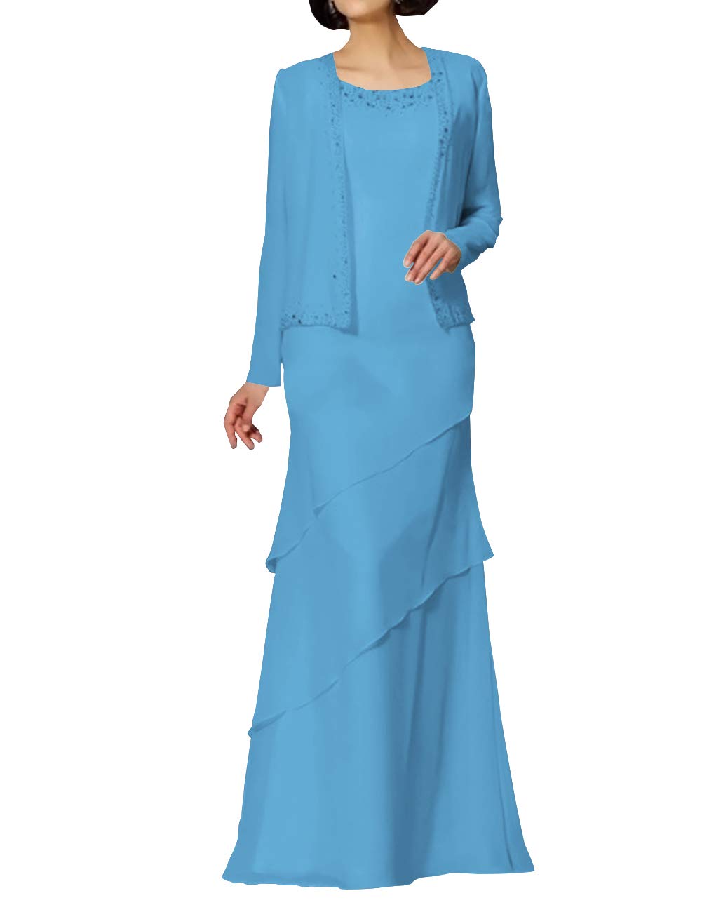 Mother of The Bride Dresses Long Evening Formal Gowns Chiffon Beaded Jacket Tiered Modest
