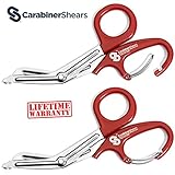 EMT Trauma Shears with Carabiner - Stainless Steel Bandage Scissors for Surgical, Medical & Nursing Purposes - Sharp Curved 2-pack is Perfect for EMS, Doctors, Nurses, Cutting Bandages [Red]