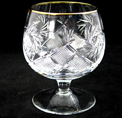 SET of 6 Russian Cut Crystal Cognac Scotch Whiskey Stemmed Snifter Goblet Glass 24K Gold Rimmed 10 Oz. Vodka Liquor Old-fashioned Glassware Hand Made