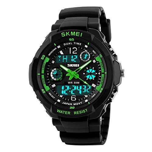 Multi-function Unisex Rubber Dual Time Led Light Waterproof Analog Digital S-Shock Alarm Sports Wrist Watch (Green)