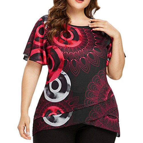 NREALY Fashion Women Casual Plus Size Overlap T-shirt O-Neck Short Sleeve Tops Blouseï¼ˆRed ï¼ŒXX-Large)