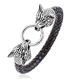 BLEUM CADE Men's Stainless Steel Ferocity Wolf Head Leather Bracelet 8.5