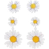 2Pairs Daisy Earrings Flower Earrings for Women Y2k Acrylic Yellow White Double Flower Earrings,Vintage Daisy Flower Dangle Earrings Wild Lily Petals Hawaii Floral Earrings 60s 70s Earrings Summer Earrings