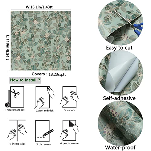 Ismoon Delicate Gold and Green Wallpaper 16.1\'\' X 118\'\' Thicken Green Leaf Peel and Stick Wallpaper Vintage Contact Paper Waterproof Wallpaper Self Adhesive Vinyl Roll for Wall Furniture Shelf Liner