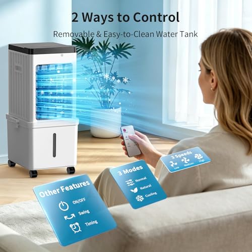 Portable Air Conditioner, Evaporative Air Cooler Fan with 10L Removable Water Tank, 3-in-1 Quiet Cooling with 4 Ice Packs & Timer, Low Noise Swamp Cooler for Home Bedroom Office