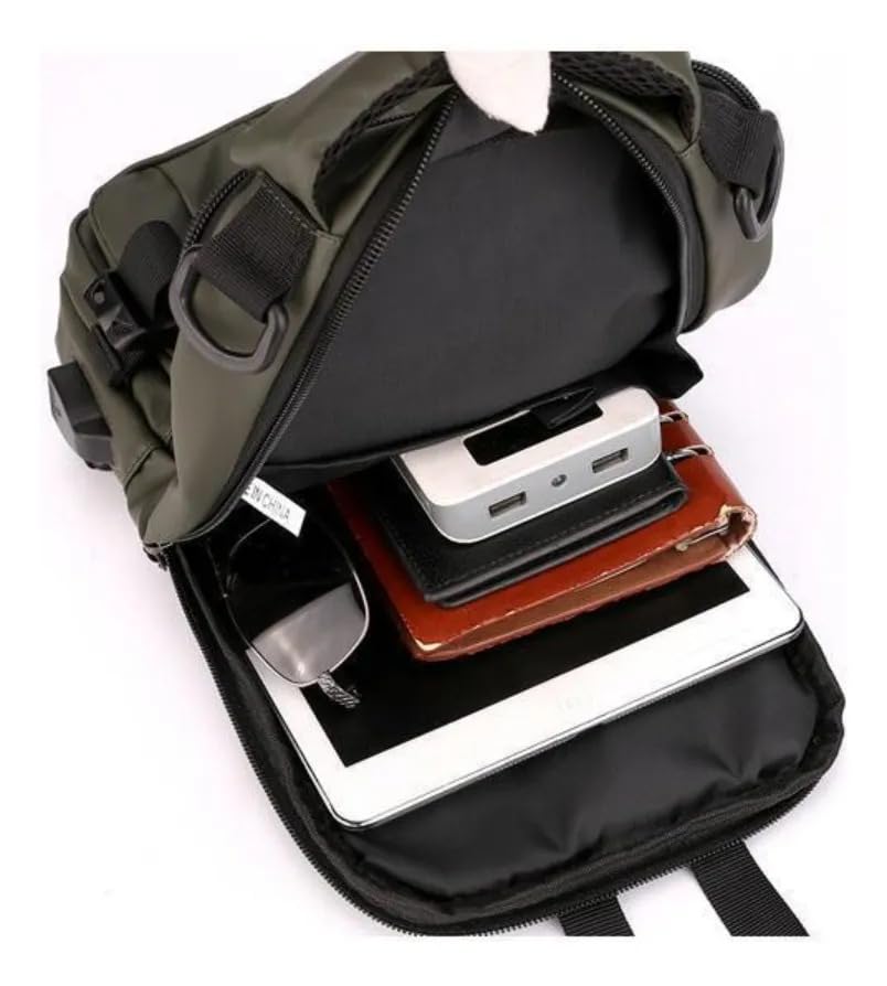 Bolsa Masculina Transversal Impermeável, Mochila com Saída USB, Pochete Grande em Poliéster, Alça Ajustável para Tablet e Celular