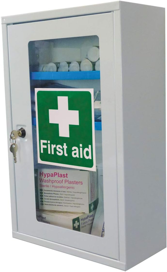 Safety First Aid Group Cabinet Clear Front Shelves Key Lock 2 Keys Empty