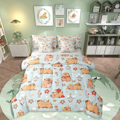 Erosebridal Cartoon Capybara Twin Bedding Set 7 Piece Cute Animals Print Bed in A Bag with Sheets Capybara Lovers Comforter Set for Kids Adults,Floral Love Heart Bed Sets at Amazon