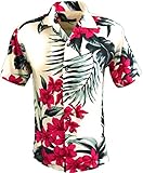Tropical Luau Beach Floral Print Men’s Hawaiian Aloha Shirt (Medium, Cream/Pink)