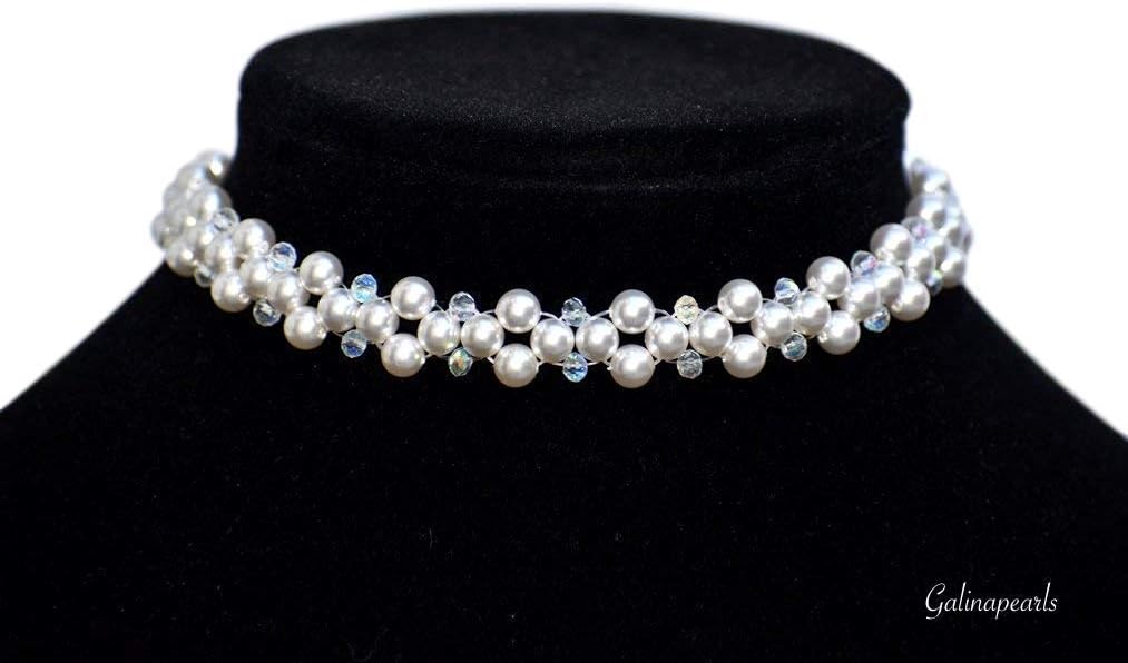 White Handmade Swarovski Crystal Pearl Collar Choker Necklace For Women In 12 Inch Length With Crystal Beads 925 Sterling Silver Clasp Jewelry Gift For Women -Galinapearls