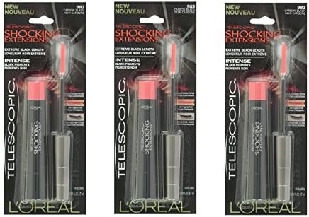 L'oreal Telescopic Shocking Extensions, Extreme Black Length, #983 Carbon Black (Pack of 3) + FREE Makeup Blender