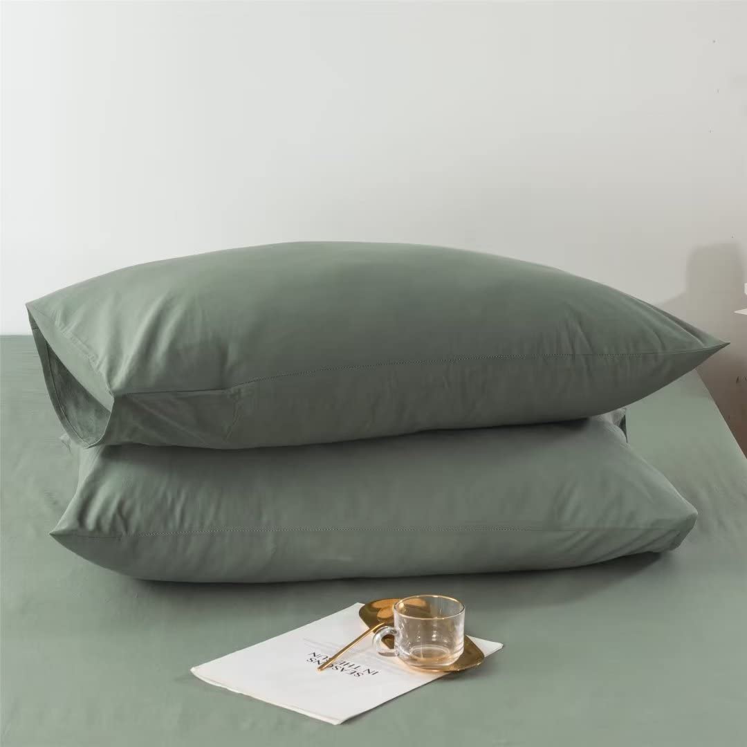 Ruccit 2 Pack Sage Green Pillowcases Washed Cotton Green Pillow Case Soft Plain Pillow Cover Standard Size with Envelope Closure,50x75cm
