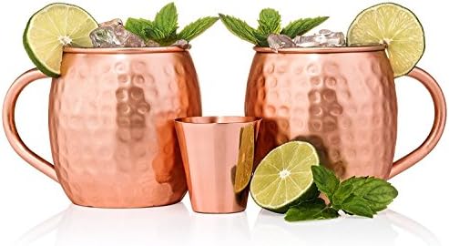 Moscow Mule Copper Mugs Set of 2 (20oz) Premium Hammered 100% Solid Copper, Shot Glass Free, No Nickel, Pure Handcrafted Copper Enhances Flavors, Numerous Health Benefits