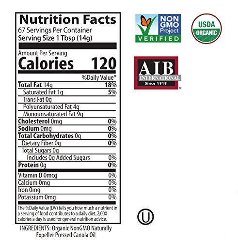 Native Harvest Organic Non-GMO Naturally Expeller Pressed Canola Oil, 1 Litre (33.8 FL OZ) 2 Packs
