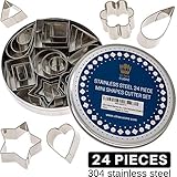 Mini Cookie Cutter Shapes Set - 24 Small Molds to Cut Out Pastry Dough, Pie Crust & Fruit - Tiny Stainless Steel Metal Stamps Teardrop Leaf, Flower, Heart, Star, Geometric Shapes - Cut Fondant & Clay
