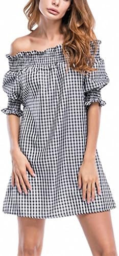 Cute Ruffle Plaid Dress Women Bardot Frill Trim Sexy Off Shoulder Summer Dresses Multi M