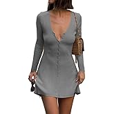 GCZREN Women Sexy Deep V Neck Button Front Knit Mini Dress Elegant Long Sleeve Ribbed Flowy Hem A-Line Short Dresses