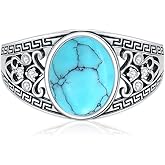 LELOUCHY Vintage Turquoise Statement Ring 925 Sterling Silver 10 MM Oval Cut Created Green Turquoise with Filigree Ring for Women Size 4-12