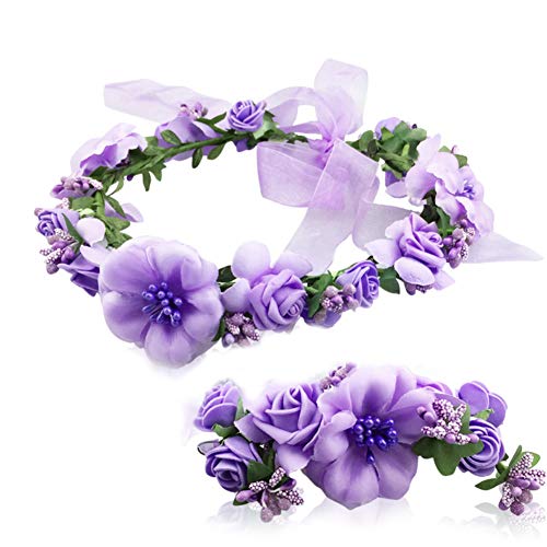 MioCloth Flower Crown Headband Garland Wrist Band Wedding Hair Wreath Women Girl Purple, Medium