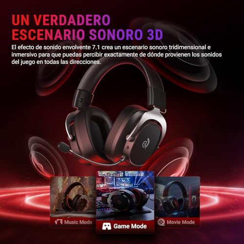 QCY Heroad VT200 Cascos Gaming Inalámbricos para PC/Ps5/Ps4/Switch/Mobile, 7.1 Sonido Envolvente, Auriculares Gaming con 2.4 GHz+Bluetooth 6.0, Duración 130H, Drivers 53mm, RGB -Plata Negro