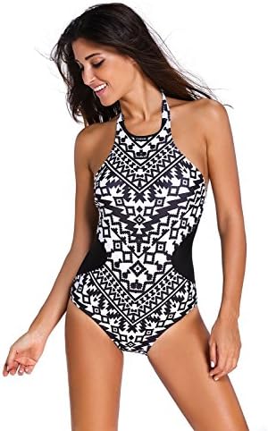 QIUXIA Womens Monochrome Tribal Print High Neck One Piece Maillot (US 12-14)L