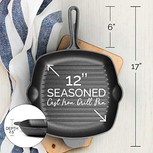 Fresh O2 PreSeasoned Cast Iron Skillet 12 Inch (11 Inch Bottom) Cast Iron Grill Pan w/Cooking