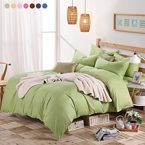 Pure Cotton Duvet Cover Set With Additional Flat Sheet Queen Size 4-Piece Zipper Closure Bedding Set Heavyduty Winter Comfy Bedclothes Solid Color (Green)