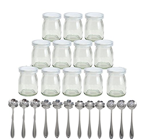 XICHEN 1set (12 jars With 12 flower-type dessert spoon) Yoghurt Jars pudding Jar with Lid Replacement Glass Jars for 100ml (3.38oz)