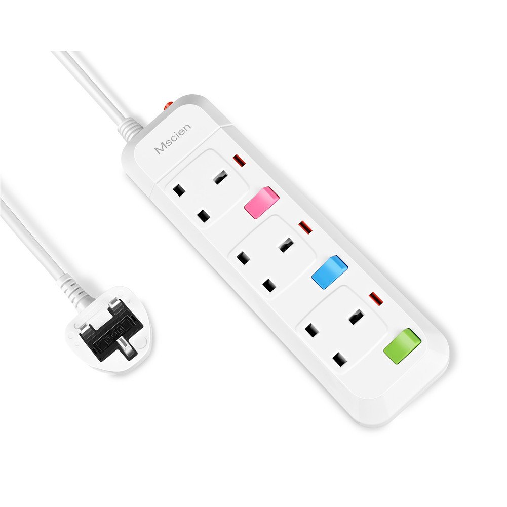 Mscien 3M Extension Lead Surge Protection 3 Way Individually Switched Power Strip With 3 Meter Extension Cord 2500W/10A（3 Gang-3M Cord