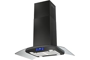 JOEAONZ 36 inch Island Range Hood 700CFM Black Painted Stainless Steel, Gesture & Touch Control Panel Ceiling Mount Kitchen Vent Hood Ducted/Ductless Convertible Extractor, Exhaust Fan 4 LED Lights