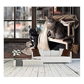 Comfortable Room with Panoramic Window. Dog and Cat Sitting at The Ladder - Removable Wall Mural | Self-Adhesive Large Wallpaper - 66x96 inches