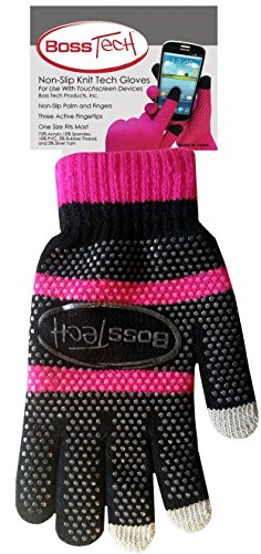 Boss Tech Products Knit Non-Skid Touchscreen Gloves for Cell Phones, Smart Phones, Tablets Kiosks and ATM Machines, Black/Pink (BTP-GLV-NS-BKPK)