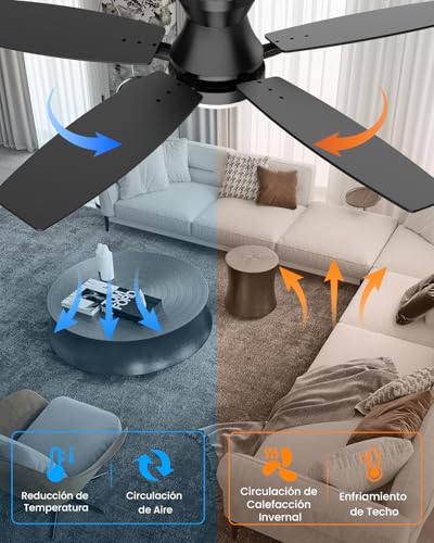 Airwit Ventilador de Techo con Luz de 107cm, 42 Inch Ceiling Fan, Abanicos de Techo Montaje Empotrado con Control Remoto, 6 Velocidades, Luz LED de 3 Colores, 5 Cuchillas, Motor CC Reversible, Negro