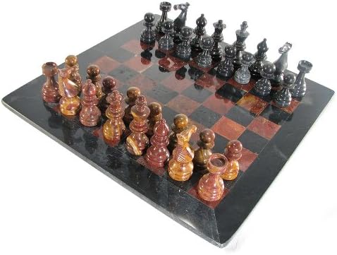 16" Deluxe European Red and Black Marble Chess Set with Black Border