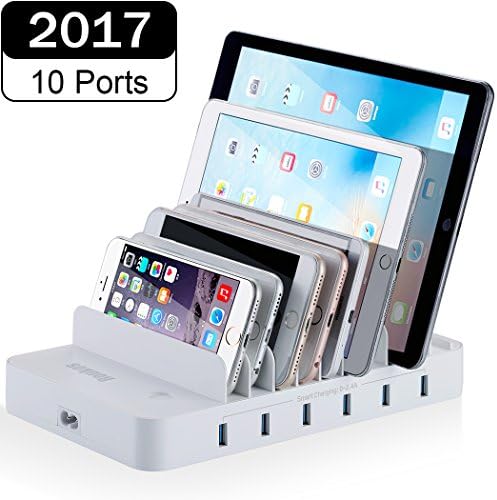 Charging Station, Roukos 10 Ports USB Dock with Build-in Patented Retractable Charging Cables for iPhone, Android Phone, Tablet, iPad, Kindle (2017 Version - White)
