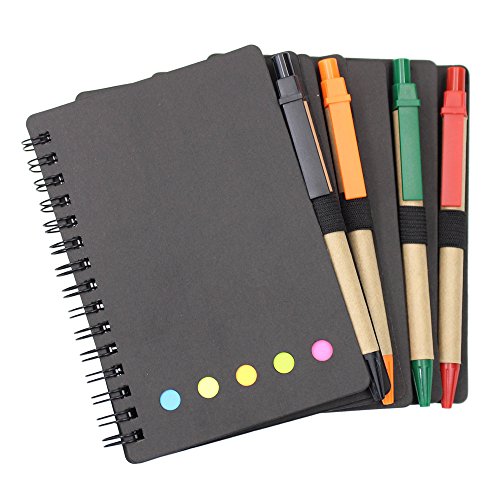 MoMaek 4 Sets Spiral Notebook Cover Paper Steno Pocket Notepad with Pen in Holder, Sticky Notes and Page Marker Index Tabs Flags (Black)