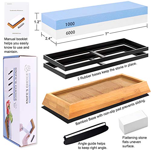 Knife Sharpening Stone Whetstone 1000/6000 Grit Water Stone Sharpener Kit 2 Sided Wet Stone Set for Kitchen Chef Pocket Knives Chisel, Bonus Non-slip Bases Holder, Flattening Stone, Angle Guide - Thumbnail 4
