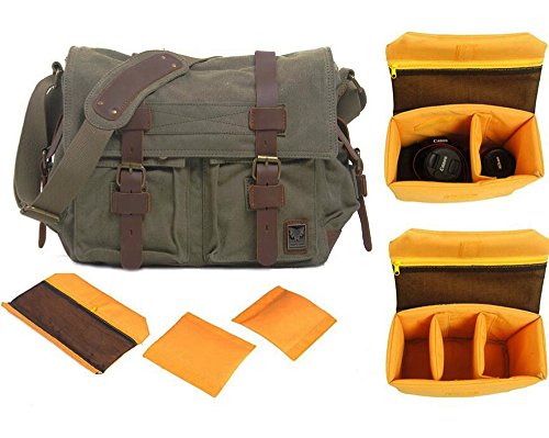 FXTXYMX DSLR SLR Camera Messenger Bag Vintage Canvas Satchel School Shoulder Bag with Shockproof Partition Padded Liner Bag(Army Green)