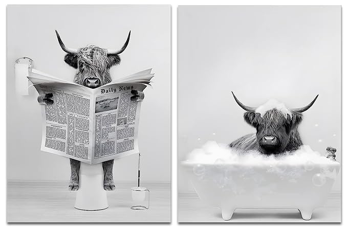 QPLGTU Bathroom Home Background Wall Decoration Poster, Black and White Highland Cow Decoration Photo Wallpaper, Fun Animal Print Poster, Frameless (Highland Cattle 4, 30x40cm*2)