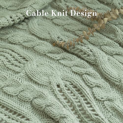 Amélie Home Sage Green Chunky Cable Knit Throw Blanket Fall Soft Cozy Farmhouse Throw Blankets for Couch Sofa Bedroom 50 x 60