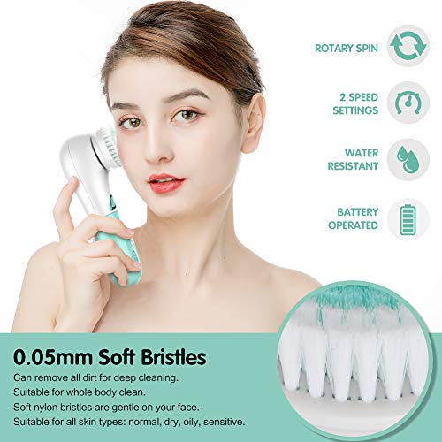 Facial Cleansing Brush, Targherle Facial Brush Waterproof Battery Operated Face Brush Set with 5 Brush Heads for Deep Cleansing, Exfoliating, Removing Blackhead and Makeup Residue (Green)