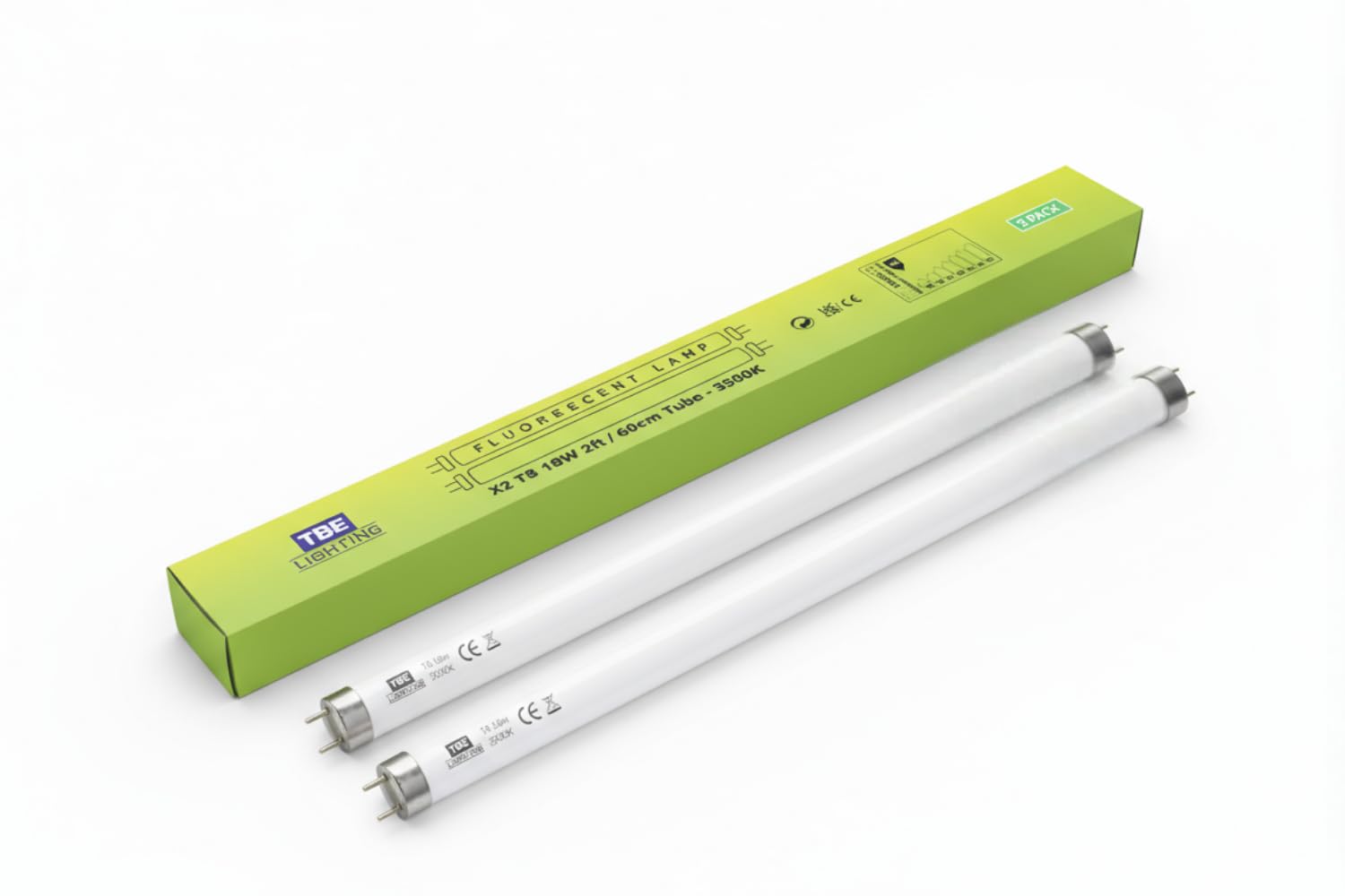 TBE LIGHTING T8 18W 2ft (60cm) Fluorescent Tube Lights – G13 2-Pin Base CFL Lamps, 3500K Soft White, 1350 Lumens, Energy Saving T8 Tubes for Office, Ceiling, and Retail Fittings – 2 Pack
