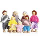 PUCKWAY Kids Girls Lovely Happy Dolls Family Playset Wooden Figures Set of 7 People for Children Dollhouse Pretend Gift