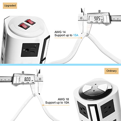 Safemore 6 Outlet Surge Protector Power Strip with USB Smart Charger (4 Port,5V 2.1A), AWG14 6.5ft Long Cord Extension, Home Office Desk Nightstand Charger Station (White+ Black) - Thumbnail 3